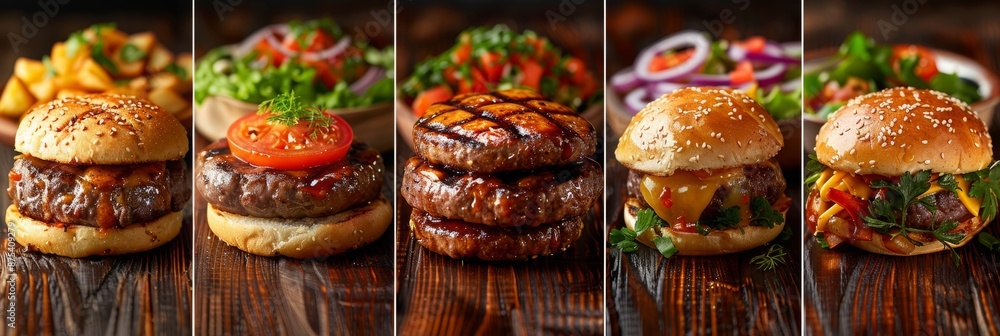 A selection of gourmet burgers, each topped with various fresh ingredients, presented on a wooden table, showcasing a delicious variety of hearty and flavorful burgers.
A selection of gourmet burgers, each topped with various fresh ingredients, presented on a wooden table, showcasing a delicious variety of hearty and flavorful burgers.