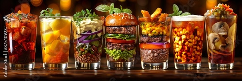 A creative and unique display of burgers and sides, each served in a glass, combining savory and colorful elements to create a visually striking presentation.