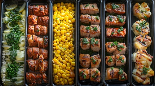 An assortment of delicious and healthy meal options, including salmon, corn, and baked potatoes, arranged in black meal prep containers, ready for a nutritious and balanced diet.