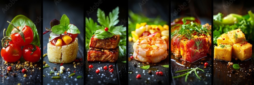 A diverse selection of gourmet appetizers, including cherry tomatoes, grilled vegetables, shrimp, and tofu, arranged in an artistic and visually appealing manner.
A diverse selection of gourmet appetizers, including cherry tomatoes, grilled vegetables, shrimp, and tofu, arranged in an artistic and visually appealing manner.