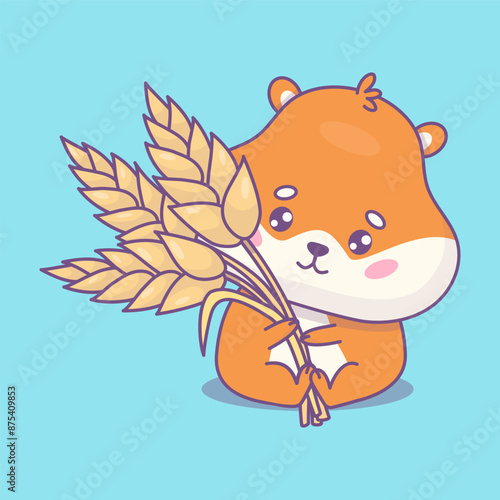 Cute cartoon hamster sitting with ears of wheat. Funny kawaii animal character. Vector illustration. Kids collection