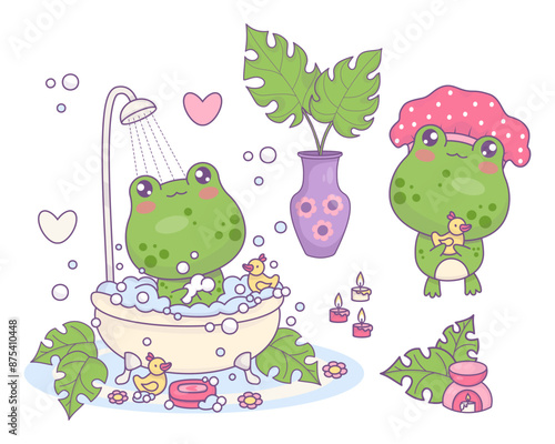 Bath-time. Cute funny frog in shower cap with rubber duck. Cartoon kawaii animal character bathes in bubble bath with rubber ducks, vase with Monstera leaves and aroma lamp. Vector illustration