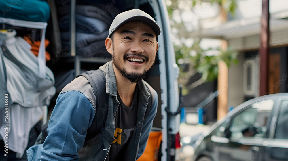 Mobile Laundry Service Van with Smiling Employee in Residential Area Collecting Laundry Bag Mobile Laundry Service Van with Smiling Employee in Residential Area Collecting Laundry Bag