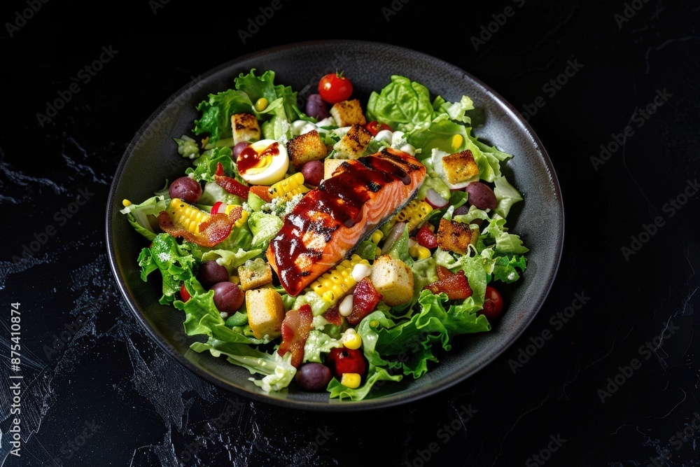 Healthy and Delicious BBQ Salmon Cobb Salad with Avocado and Croutons Healthy and Delicious BBQ Salmon Cobb Salad with Avocado and Croutons
