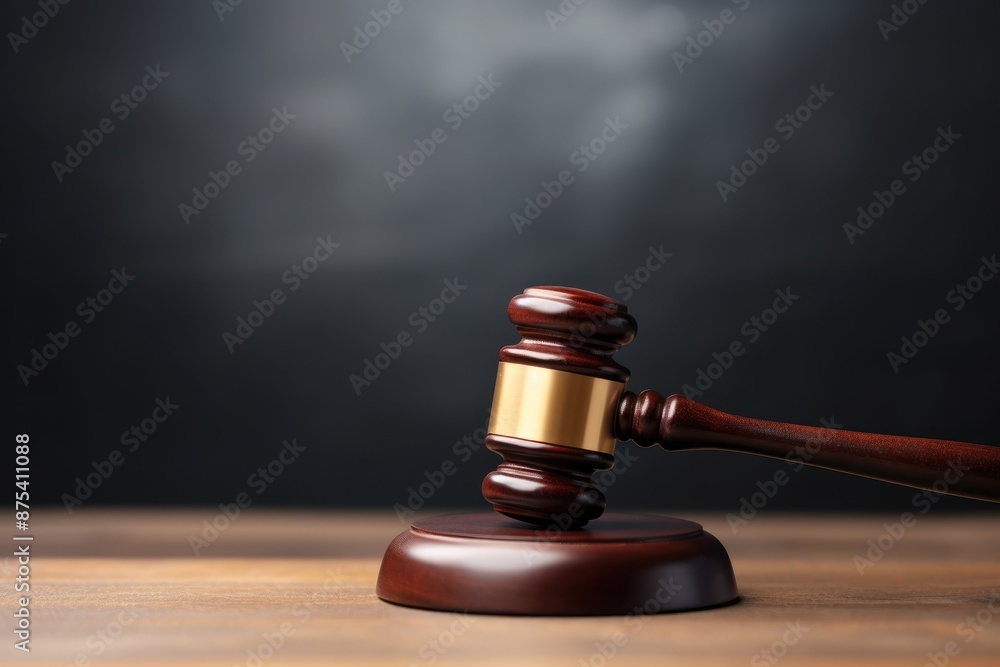 A judge's polished wooden gavel rests on a reflective surface against a dark, moody background. Judge's Wooden Gavel on Reflective Surface A judge's polished wooden gavel rests on a reflective surface against a dark, moody background. Judge's Wooden Gavel on Reflective Surface
