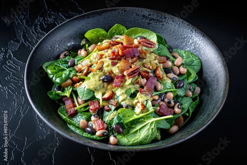 Tender Baby Spinach Salad with Black Eyed Peas and Pecan Vinaigrette