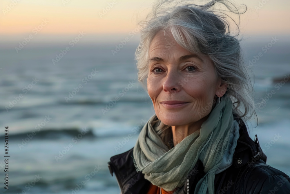 A beautiful elderly woman with gray hair stands gracefully against a serene seascape. A beautiful elderly woman with gray hair stands gracefully against a serene seascape.