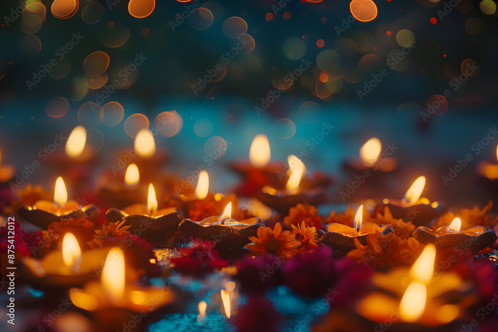Enchanting Display of Diwali Diyas and Flowers Creating a Mesmerizing Glow Enchanting Display of Diwali Diyas and Flowers Creating a Mesmerizing Glow