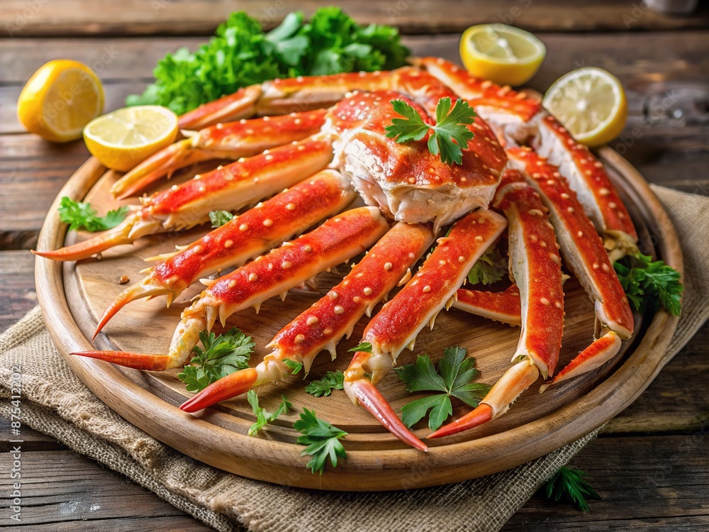 Freshly steamed king crab legs piled high on a rustic wooden platter, garnished with lemon wedges and parsley, on a natural linen tablecloth. Freshly steamed king crab legs piled high on a rustic wooden platter, garnished with lemon wedges and parsley, on a natural linen tablecloth.