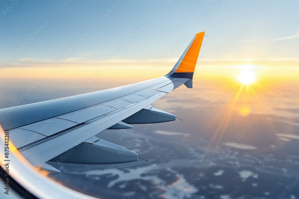 Obraz premium Airplane Wing and Sunset View