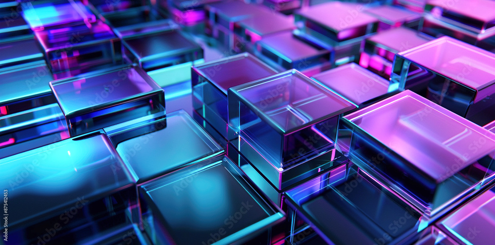 3D Rendering of Blue and Purple Glass Squares on Black Background 3D Rendering of Blue and Purple Glass Squares on Black Background