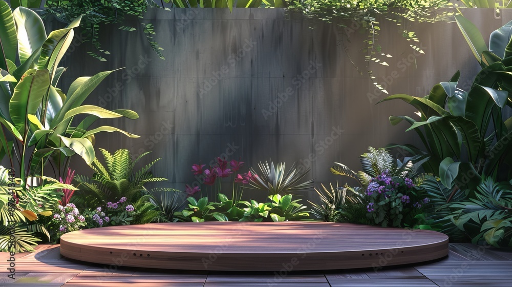 an empty wooden podium with vibrant plants around. an empty wooden podium with vibrant plants around.