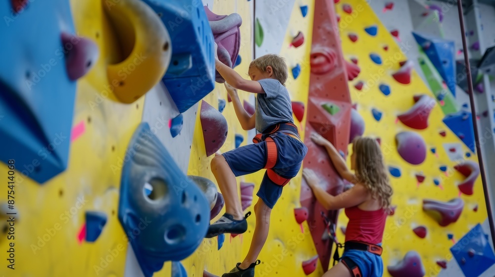 Obraz premium Family Bonding at Indoor Climbing Gym with Kids Scaling Colorful Climbing Walls