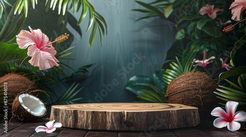 an empty driftwood podium surrounded by tropical elements like coconuts and hibiscus flowers.  photo