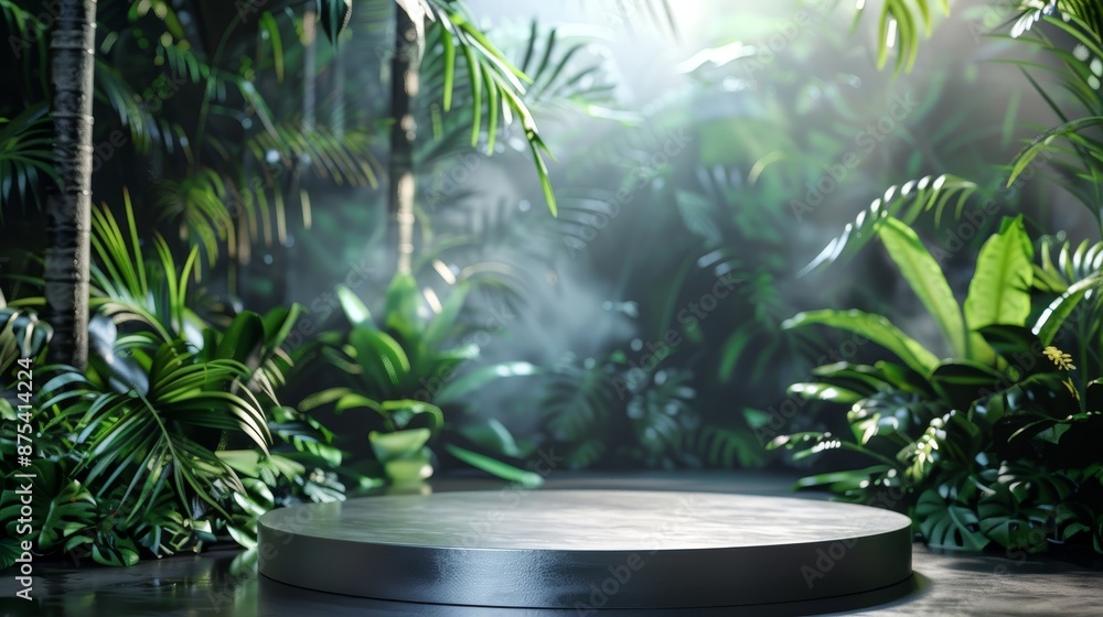 an empty metal podium set against a background of tropical flora an empty metal podium set against a background of tropical flora