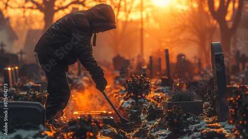 A gravedigger digs a grave