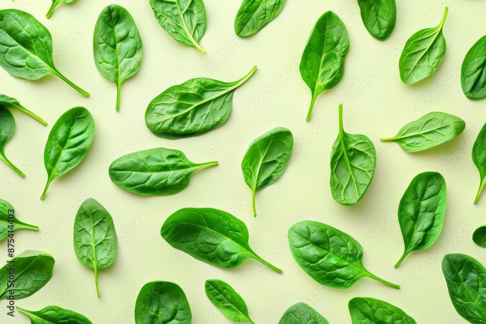 An artistic arrangement of spinach leaves spread across a soft yellow surface, highlighting the contrast between vibrant green and mellow yellow, perfect for healthy living themes. An artistic arrangement of spinach leaves spread across a soft yellow surface, highlighting the contrast between vibrant green and mellow yellow, perfect for healthy living themes.