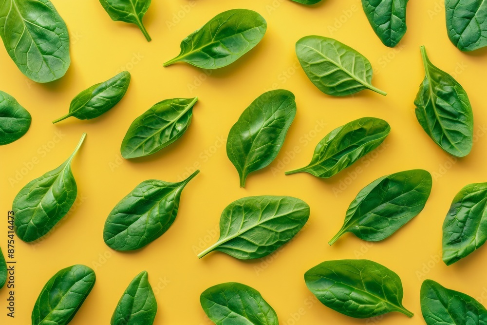 A collection of fresh spinach leaves artistically spread out across a vibrant yellow background, capturing the freshness and appeal of natural ingredients. A collection of fresh spinach leaves artistically spread out across a vibrant yellow background, capturing the freshness and appeal of natural ingredients.