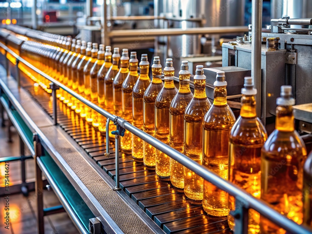 Fast-paced industrial bottling line illuminated by overhead lights, showcases automated production process, with amber oil bottles flowing rapidly on conveyor belt systems. Fast-paced industrial bottling line illuminated by overhead lights, showcases automated production process, with amber oil bottles flowing rapidly on conveyor belt systems.