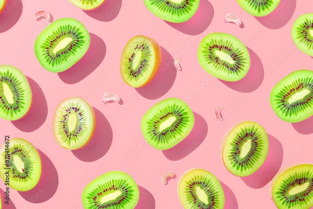 Fototapeta premium High-resolution image featuring halved kiwis meticulously arranged on a light peach colored background, highlighting the vibrant green flesh and distinctive texture of the fruit.