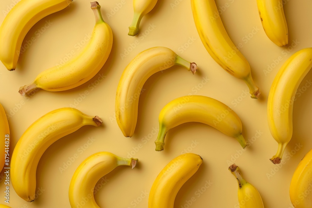 A pattern of multiple yellow bananas arranged evenly on a matching yellow background creates a visually appealing and vibrant artistic display. A pattern of multiple yellow bananas arranged evenly on a matching yellow background creates a visually appealing and vibrant artistic display.