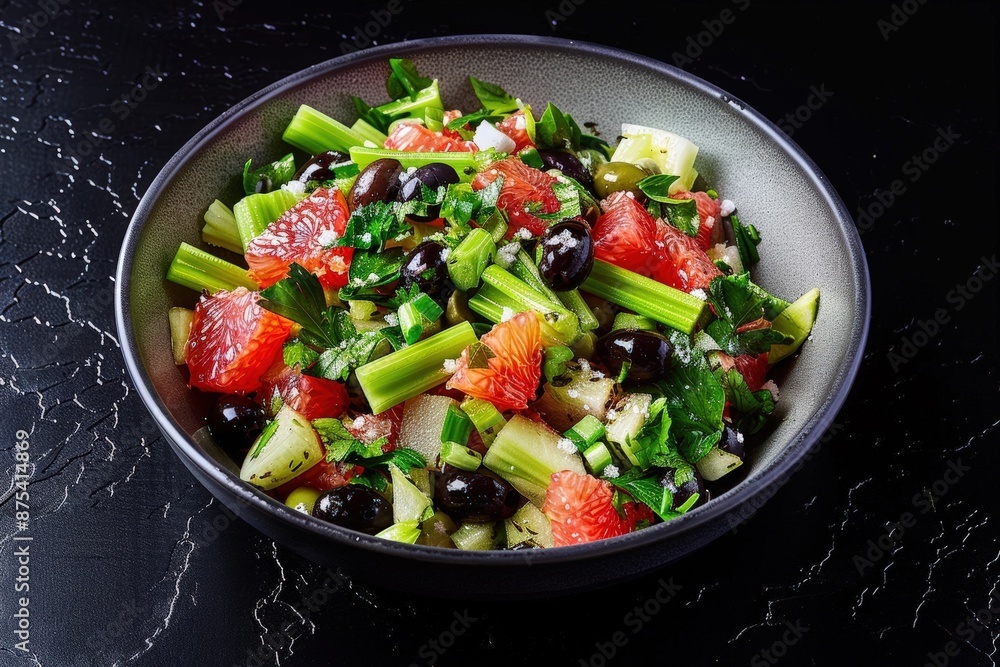 Elegant Celery, Grapefruit and Olive Salad in White Bowl Elegant Celery, Grapefruit and Olive Salad in White Bowl