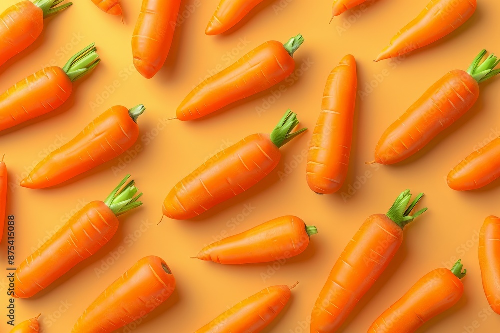 An artistic arrangement of bright fresh carrots with green tops displayed on an orange backdrop, focusing on their natural vibrant colors and promoting the freshness of the vegetables. An artistic arrangement of bright fresh carrots with green tops displayed on an orange backdrop, focusing on their natural vibrant colors and promoting the freshness of the vegetables.