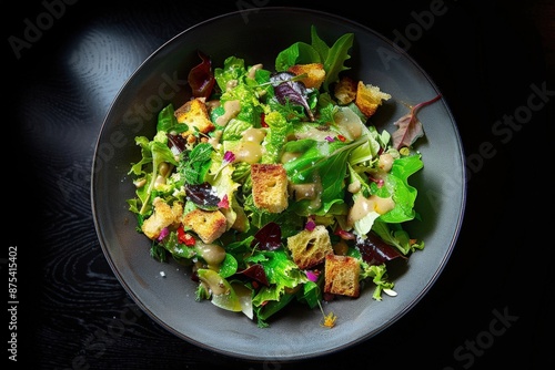 Vibrant Salad with Golden Croutons and Zesty Lemon-Olive Oil Dressing