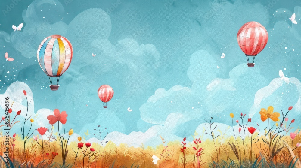 Obraz premium Whimsical landscape with hot air balloons in colorful sky scene