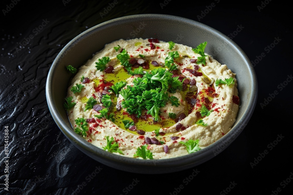 Exquisite Hummus Presentation with a Fiery Garnish Exquisite Hummus Presentation with a Fiery Garnish
