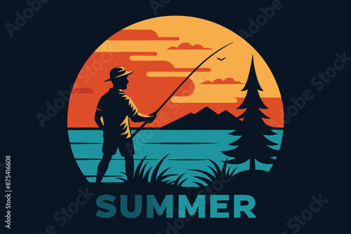 A sunset silhouette Fisherman Vector Illustration - T-Shirt Design, Clipart, clear text Summer' vector art illustration
