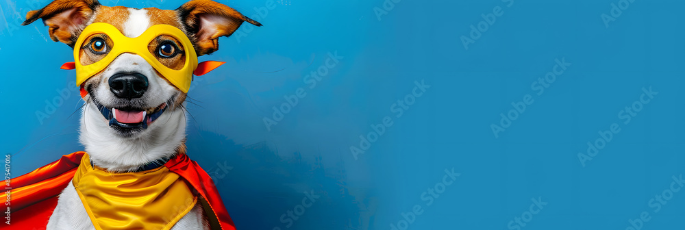 Superhero Dog. Jack Russell terrier in yellow mask and red cape banner. Adorable pet dressed as a superhero on vibrant blue background with copy space. Superhero Dog. Jack Russell terrier in yellow mask and red cape banner. Adorable pet dressed as a superhero on vibrant blue background with copy space.