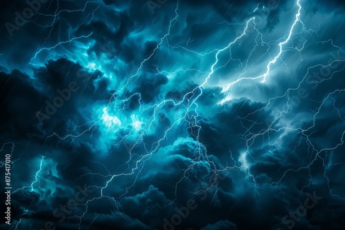 Bright lightning bolts electrify the dark, dense storm clouds, creating an awe-inspiring spectacle of raw power and energy, emphasizing the beauty and ferocity of nature.