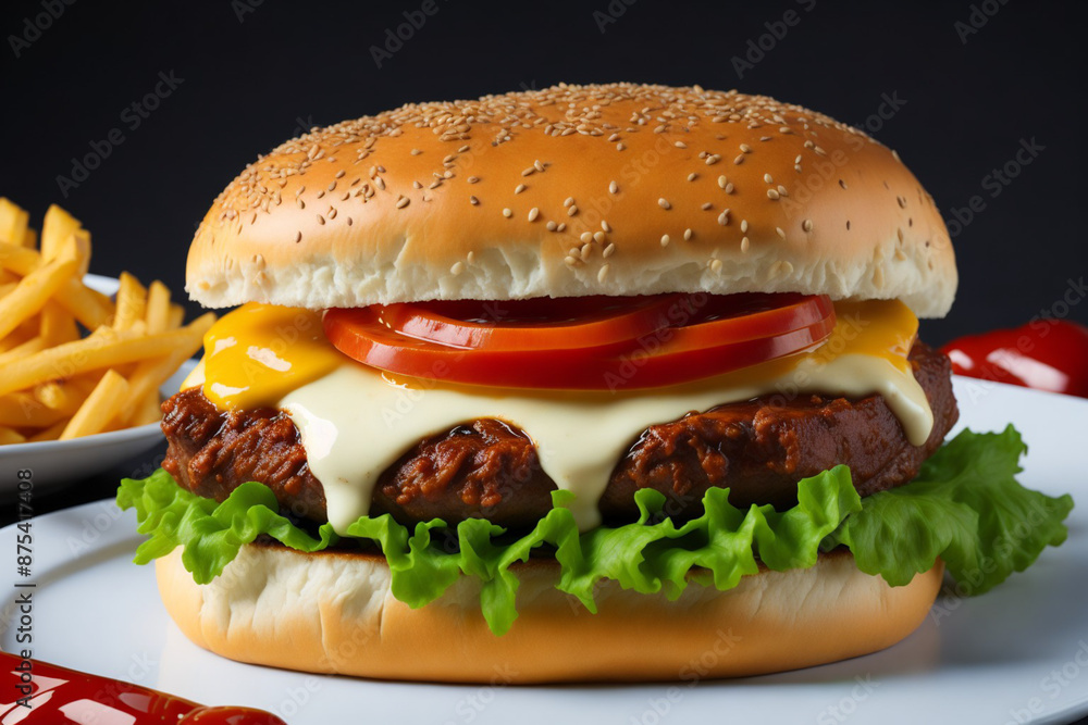 Juicy grilled beef patty topped with melted cheddar cheese, crispy lettuce and fresh pickles. Generated by AI Juicy grilled beef patty topped with melted cheddar cheese, crispy lettuce and fresh pickles. Generated by AI