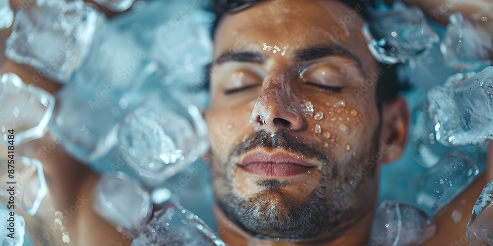 A man peacefully takes an ice bath surrounded by ice cubes with his eyes closed. Concept Cold Therapy, Relaxation, Ice Bath, Wellness, Mindfulness A man peacefully takes an ice bath surrounded by ice cubes with his eyes closed. Concept Cold Therapy, Relaxation, Ice Bath, Wellness, Mindfulness
