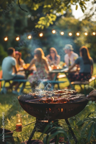 Fototapeta Naklejka Na Ścianę i Meble -  Lively Summer Barbecue in Park with Friends Using Mosquito Repellent Candles and Sprays