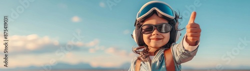 kid pilot outfit, giving thumbs up, like ad, clean sky blue background photo
