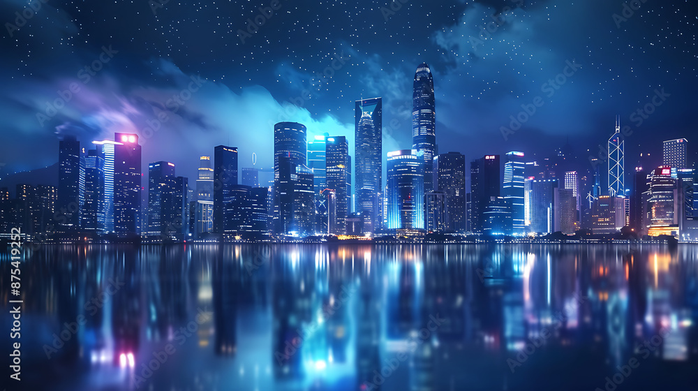 Illuminated Night Cityscape with Reflections Illuminated Night Cityscape with Reflections
