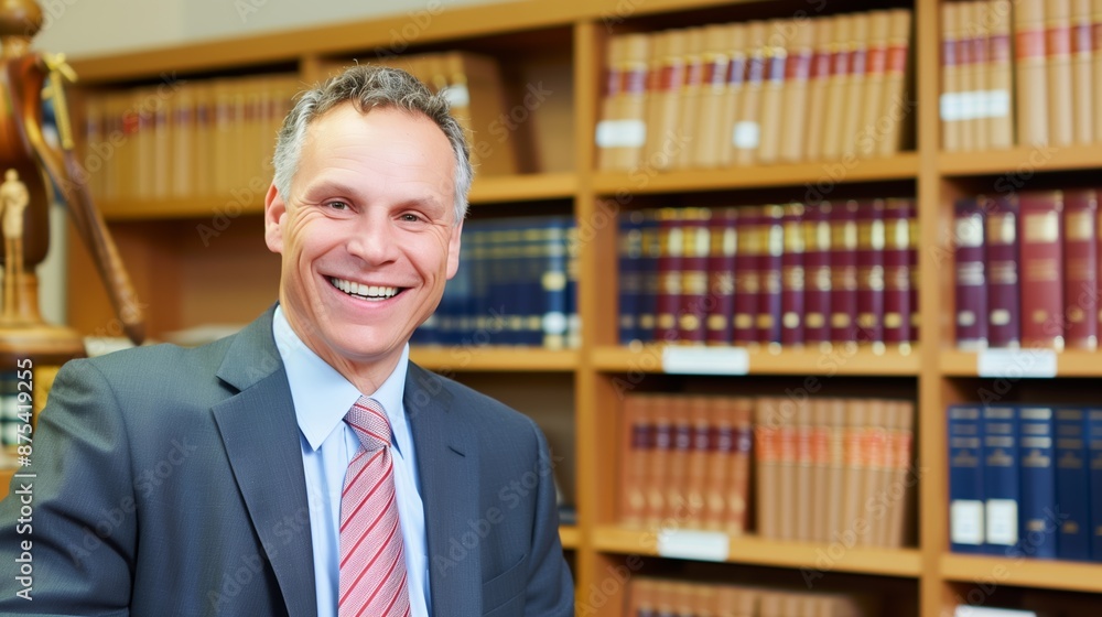 A vibrant photo of a lawyer smiling in their office with bookshelves and legal documents behind them A vibrant photo of a lawyer smiling in their office with bookshelves and legal documents behind them