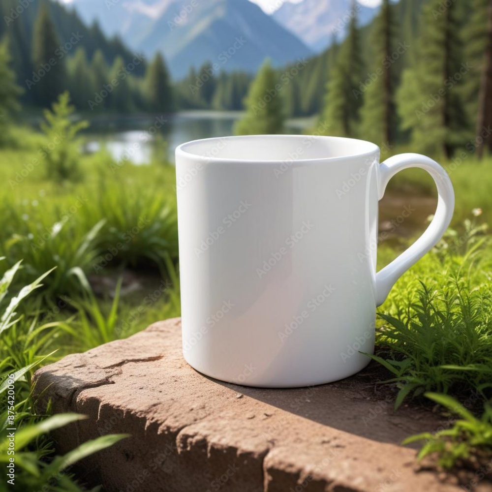 Obraz premium Green eco mug mockup in natural background with green leaves.