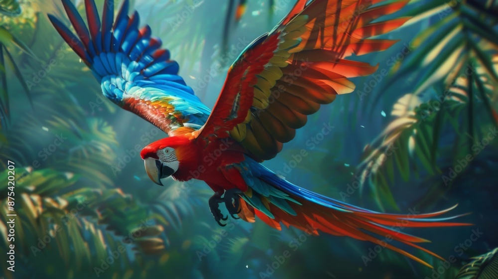 A colorful parrot in mid-flight, with vivid feathers contrasting against a tropical backdrop. A colorful parrot in mid-flight, with vivid feathers contrasting against a tropical backdrop.