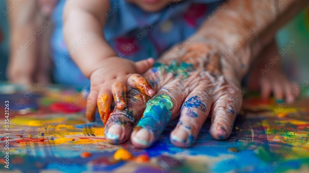 Tiny fingers trace weathered lines on a grandparent's hand, bridging the gap between ages through shared laughter and a colorful paintbrush Tiny fingers trace weathered lines on a grandparent's hand, bridging the gap between ages through shared laughter and a colorful paintbrush