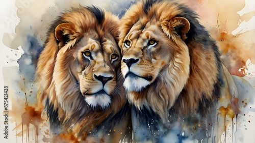 "A Dynamic Watercolor Painting of Two Majestic Lions, Illustrated with Soft Yet Sharply Contrasting Colors, Featuring Gentle Shades and Vivid Details to Emphasize the Strength and Majesty of These Reg