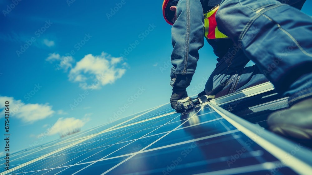 Naklejka premium Technician Inspects Solar Panels with Thermal Camera on a Sunny Day for Optimal Maintenance
