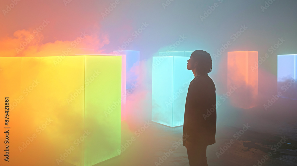 Silhouette of Person in Foggy Room with Colorful Neon Lights
Silhouette of Person in Foggy Room with Colorful Neon Lights