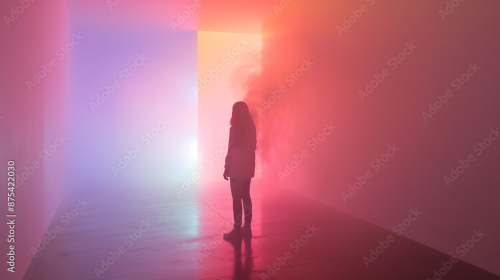 Silhouette of Person in Foggy Room with Colorful Neon Lights Silhouette of Person in Foggy Room with Colorful Neon Lights