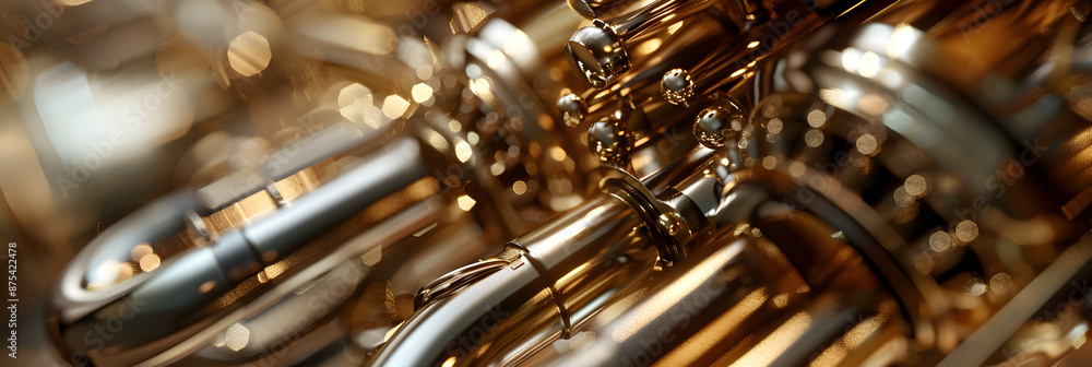 Naklejka premium Close-Up of Brass Instrument Highlighting Intricate Details and Gleaming Finish Captured in Soft Light