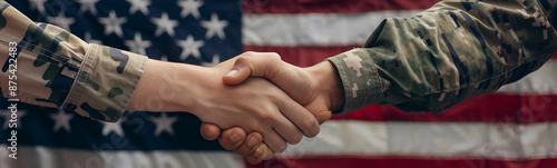 handshake with the United States flag in the background. photo