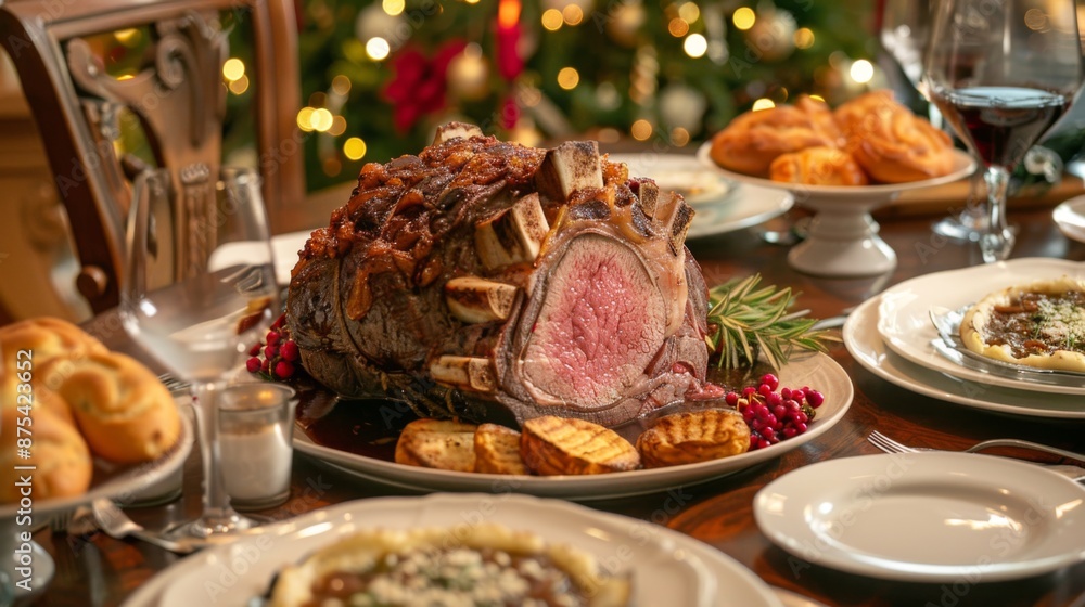 A festive holiday dinner table with a centerpiece of roasted prime rib steak served with gravy and Yorkshire pudding. A festive holiday dinner table with a centerpiece of roasted prime rib steak served with gravy and Yorkshire pudding.
