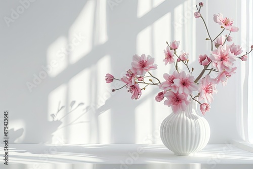 Pink spring flowers in white vase indoors